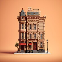 Model Brownstone Building Isolated On Orange Studio Background, Made With Generative Ai