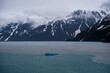 Cruise to Hubbard Glacier Bay in Alaska with floating ice bergs and drift ice floes on ocean water surface surrounded by snow capped mountains and wildlife wild nature scenery Last Frontier adventure