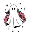 Ghost with flowers and stars,  flat design vector for halloween. Cute ghost