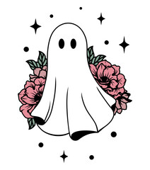 Wall Mural - Ghost with flowers and stars,  flat design vector for halloween. Cute ghost