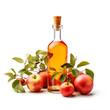 Bottle apple cider vinegar and fresh apples in white backgrounds. Ai generative