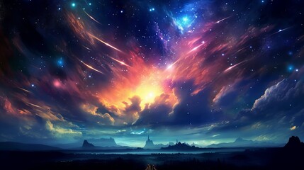 Wall Mural - Lights in the night sky, Heavenly star falls: Captivating anime sky wallpaper in digital art style, Generative AI