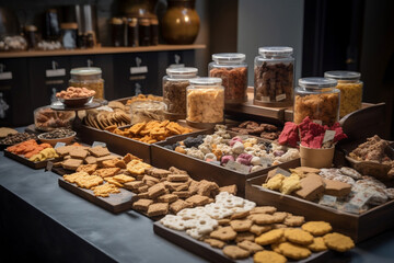 Wall Mural - An assortment of gourmet dog treats are arranged on a bakery display, showcasing the rise of luxury pet foods and the growing trend of pet pampering.