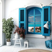 Azure Sea Lagoons Corals Greek White Walls Blue Shutters Wide Window Sill Loft Style Hd Wallpaper 