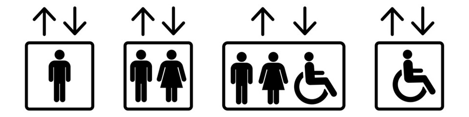 Elevator lift icon man, woman, invalid and arrows up down icons set. Elevator, lift icons. Exit icon