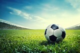 Fototapeta Sport -  Super realistic photo of a new soccer ball on the grass of a soccer stadium at sunset,Generative AI