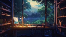 Colorful Lofi Empty Interior: Anime Manga Style With Jungle View, Cozy Chill Vibes, And Hip-Hop Atmospheric Lights - 4k Wallpaper