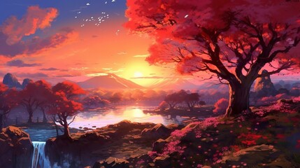 Wall Mural - Mystical Fantasy Anime Scenery, Sunset Scenery, Anime Scene Background Wallpaper With Beautiful Sunset, Generative AI