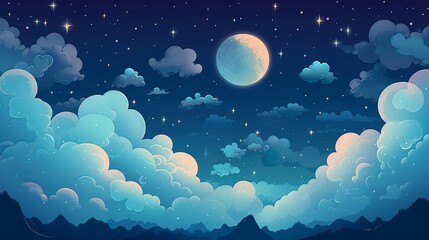 Wall Mural - blue sky with clouds - captivating vector night sky clouds: moonlit background, wallpaper, generativ