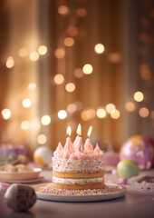 Birthday colorful cake decorated with sweets, Birthday cake with candles