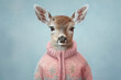 Adorable Bambi: Portrait of a Young Deer in a Pink Sweater on a Blue Background. AI generated.
