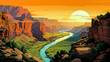 Leinwandbild Motiv Grand canyon national park illustration landscape and sunrise or sunset. Colorful comic book style illustration. Digital illustration generative AI.