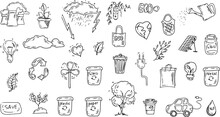 Set Of Ecology. Hand Drawn Design Vector Illustration. Ecology Problem, Recycling And Green Energy Icons In Doodle Style.