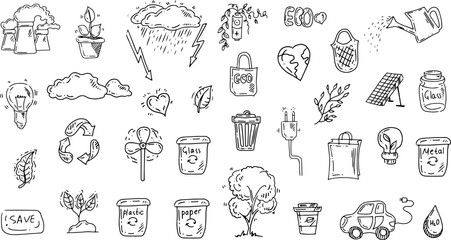 Set of ecology. Hand drawn design vector illustration. Ecology problem, recycling and green energy icons in doodle style.