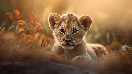 Wall Mural - lion cub in the wild HD 8K wallpaper Stock Photographic Image