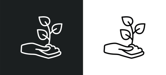 Wall Mural - plant on a hand line icon in white and black colors. plant on a hand flat vector icon from plant on 