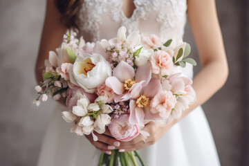 The bride holds a beautiful wedding bouquet of pink and white flowers in her hands