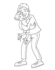 Poster - Happy father holds his little son in his arms. They stand hugging.  Black and white picture for coloring book. In cartoon style. Isolated on white.  Vector illustration.