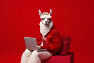llama with laptop on red background, Generative AI