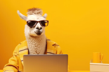 llama with laptop on yellow background, Generative AI