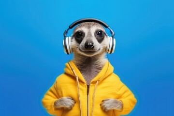 Wall Mural - meerkat in headphones on blue background, Generative AI