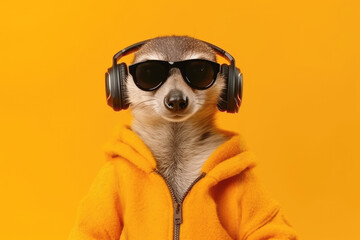 Wall Mural - meerkat in headphones on yellow background, Generative AI