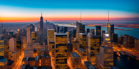 Wall Mural - Evening panorama of a big city with skyscrapers from the height of a helicopter or drone with blurred car headlights on a long exposure. Copy space for advertising text. Generative AI.