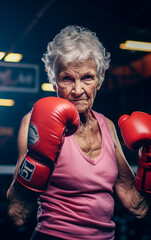 Wall Mural - A determined-looking elderly woman puts on boxing gloves