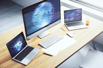 Wall Mural - modern computer display with abstract software development hologram and world map, global research a