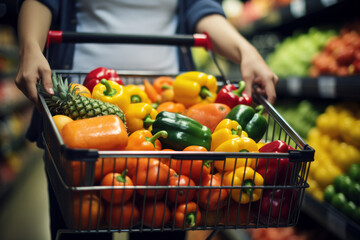 Grocery Shopping: Candid Closeup of Woman Choosing Fruits and Vegetables in Supermarket Aisle.Generative AI.