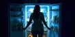 Rear view of fat woman with obesity, refrigerator at night blue light, concept of Unhealthy nutrition habits, created with Generative AI technology