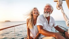 A Cheerful Caucasian Senior Couple Sailing On A Boat, Enjoying A Relaxing Summer Vacation On The Sea