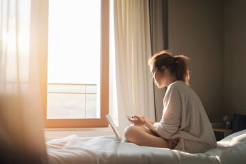 Young woman in the bedroom sitting on the bad, near the window on sunrise, youthful energy, light white and black, Generative AI