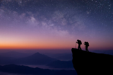Wall Mural - Silhouette of two young traveler and backpacker standing on cliff watched the star and milky way on top of the mountain. We enjoyed traveling and was successful when he reached the summit.