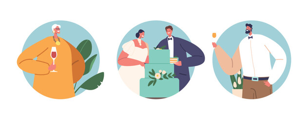 Wall Mural - Isolated Round Icons with Wedding Characters. Bride And Groom Cut Their Cake Together, Symbolizing Their Unity