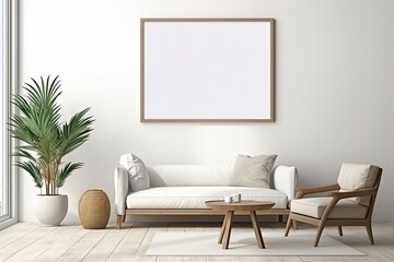 Mock up poster frame in minimalist living room interior background, cement wall,3D render