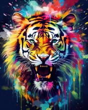 Tiger  Form And Spirit Through An Abstract Lens. Dynamic And Expressive Tiger Print By Using Bold Brushstrokes, Splatters, And Drips Of Paint.  Tiger Raw Power And Untamed Energy 