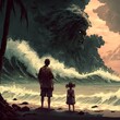 © Kevin - father 40s and daugther 12 yo islanders and hawaiians brown are on the moody beach they are watching the waves doomsday foogy jungles 8k