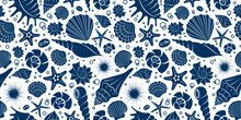 Seashells Blue Silhouette Seamless Pattern. Summer Sea Background. Hand Drawn Shells, Starfish, Bubbles
