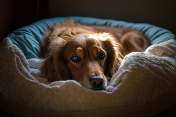 Sticker - the dog lies at home in a couch. generated by AI.