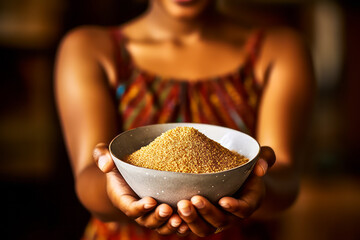 Captivating African woman's hands holding plate of finely grated nutmeg; evoking emotions in cooking creativity. Ideal kitchen ingredient display. Generative AI