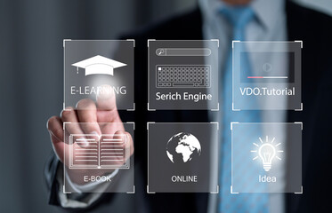 Fototapete - Concept of Online education. man use Online education training and e-learning webinar on internet for personal development and professional qualifications. Digital courses to develop new skills...
