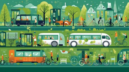 Sustainable transportation showcasing electric vehicles, bike-sharing systems. AI generated