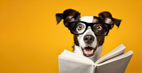 Surprised dog in glasses holding opened book, on yellow background, studio portrait. AI generative