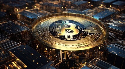 Wall Mural - blockchain technology of bitcoin with a blue light background, generated by ai
