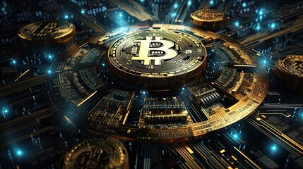 Wall Mural - blockchain technology of bitcoin with a blue light background, generated by ai