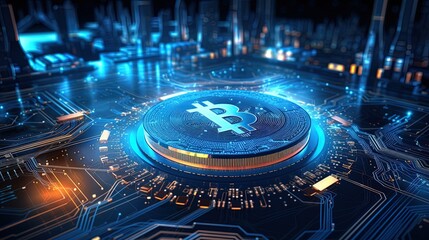 Wall Mural - blockchain technology of bitcoin with a blue light background, generated by ai