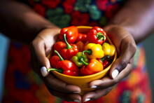 Captivating Close-up Of A Young African Woman's Hands Holding A Plate Full Of Vibrant Scotch Bonnet Peppers, Evoking Emotions Tied To Caribbean Culinary Traditions. Generative AI