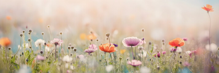 Wall Mural - Beautiful colourful bloomed flower field, summer soft background.