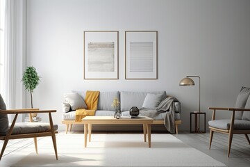 large, white living space. Grey sofa and wooden table set, mock up and copy space wall, home design. Generative AI